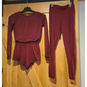 Balera Performance Size S Blouson Long Sleeve Maroon Red Dance Romper & Leggings